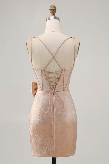 Champagne Bodycon Satin Short Homecoming Dress with Bow